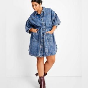 Washed Blue Denim Shirt Mini Dress with Tie Waist